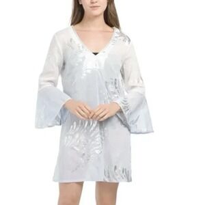 DEBBIE KATZ Pale Blue Moira Silver Metallic Mini Dress Beach‎ Cover-up Tunic XS